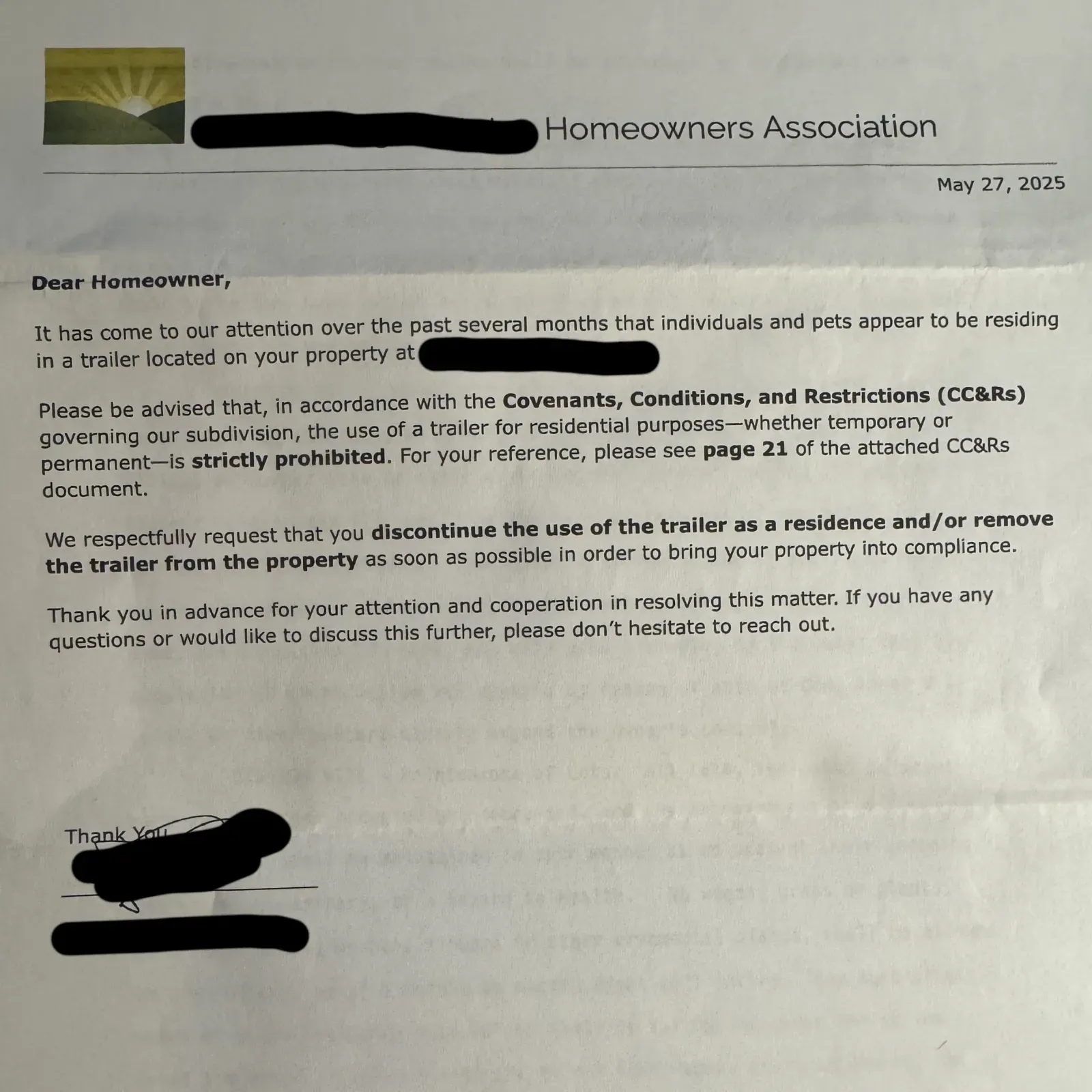 Redacted version of the HOA letter